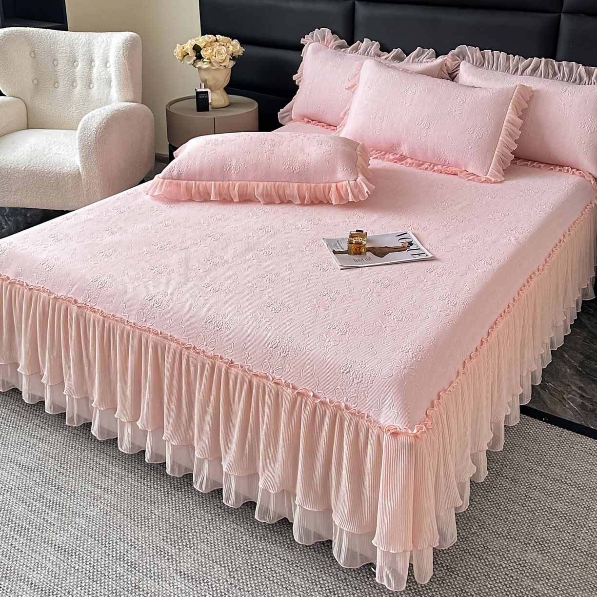 梓之赫 2026新款凉感冰豆豆床裙款凉席席子-浪漫蝴蝶结 浪漫蝴蝶结-粉