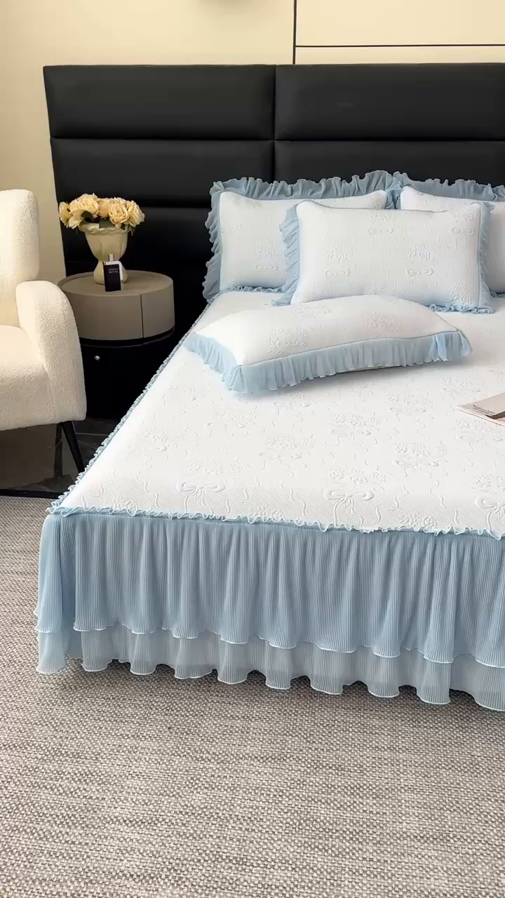 91家纺网 家纺一手货源 找家纺 梓之赫 2026新款凉感冰豆豆床裙款凉席席子-浪漫蝴蝶结 浪漫蝴蝶结-蓝