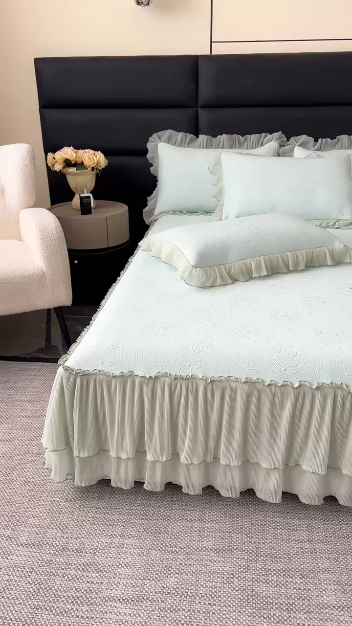 91家纺网 家纺一手货源 找家纺 梓之赫 2026新款凉感冰豆豆床裙款凉席席子-浪漫蝴蝶结 浪漫蝴蝶结-绿