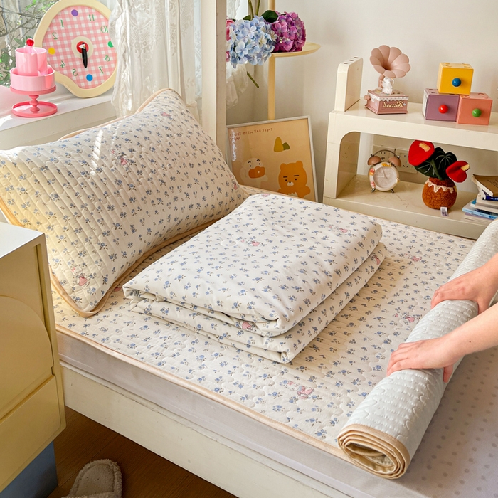 卡普二店 2026新款A类锦氨凉感印花夏被四件套床盖凉席款--三件套 奶油兰花束