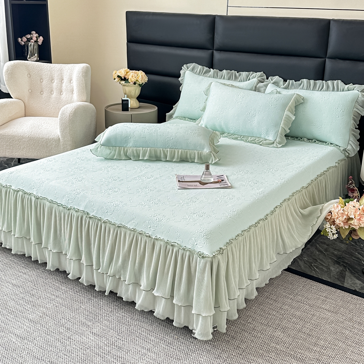 91家纺网 家纺一手货源 找家纺 梓之赫 2026新款凉感冰豆豆床裙款凉席席子-浪漫蝴蝶结 浪漫蝴蝶结-绿