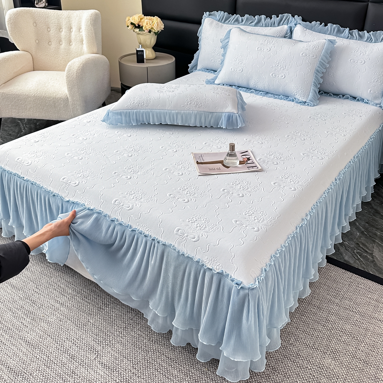 91家纺网 家纺一手货源 找家纺 梓之赫 2026新款凉感冰豆豆床裙款凉席席子-浪漫蝴蝶结 浪漫蝴蝶结-蓝