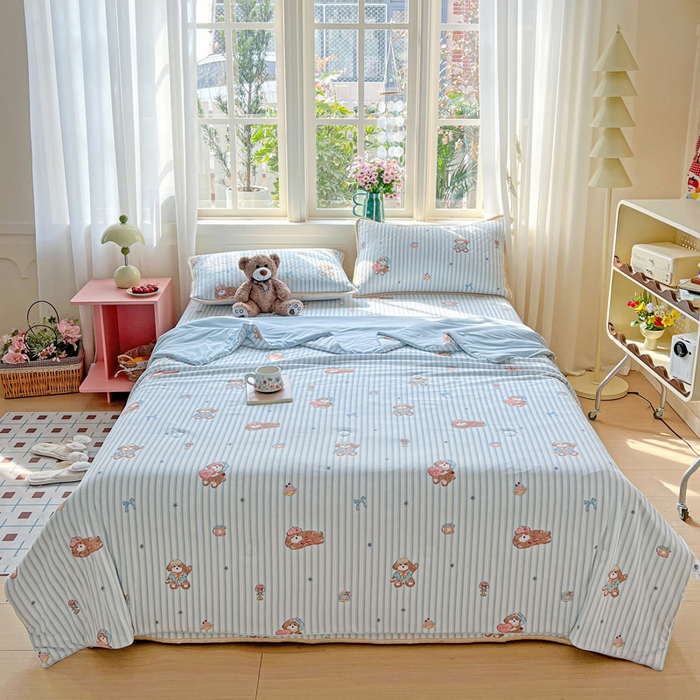 卡普二店 2026新款A类锦氨凉感印花夏被四件套床盖凉席款--四件套 条纹熊