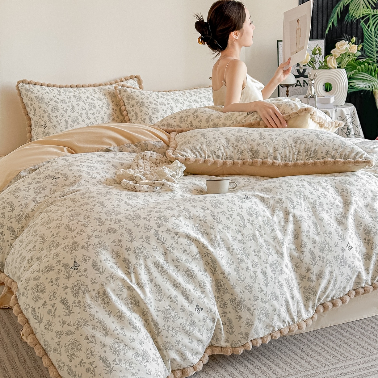 91家纺网 家纺一手货源 找家纺 （总）宅家居 2026新款轻奢极简风全棉毛球款40支纯棉13372小清新喷气印花四件套