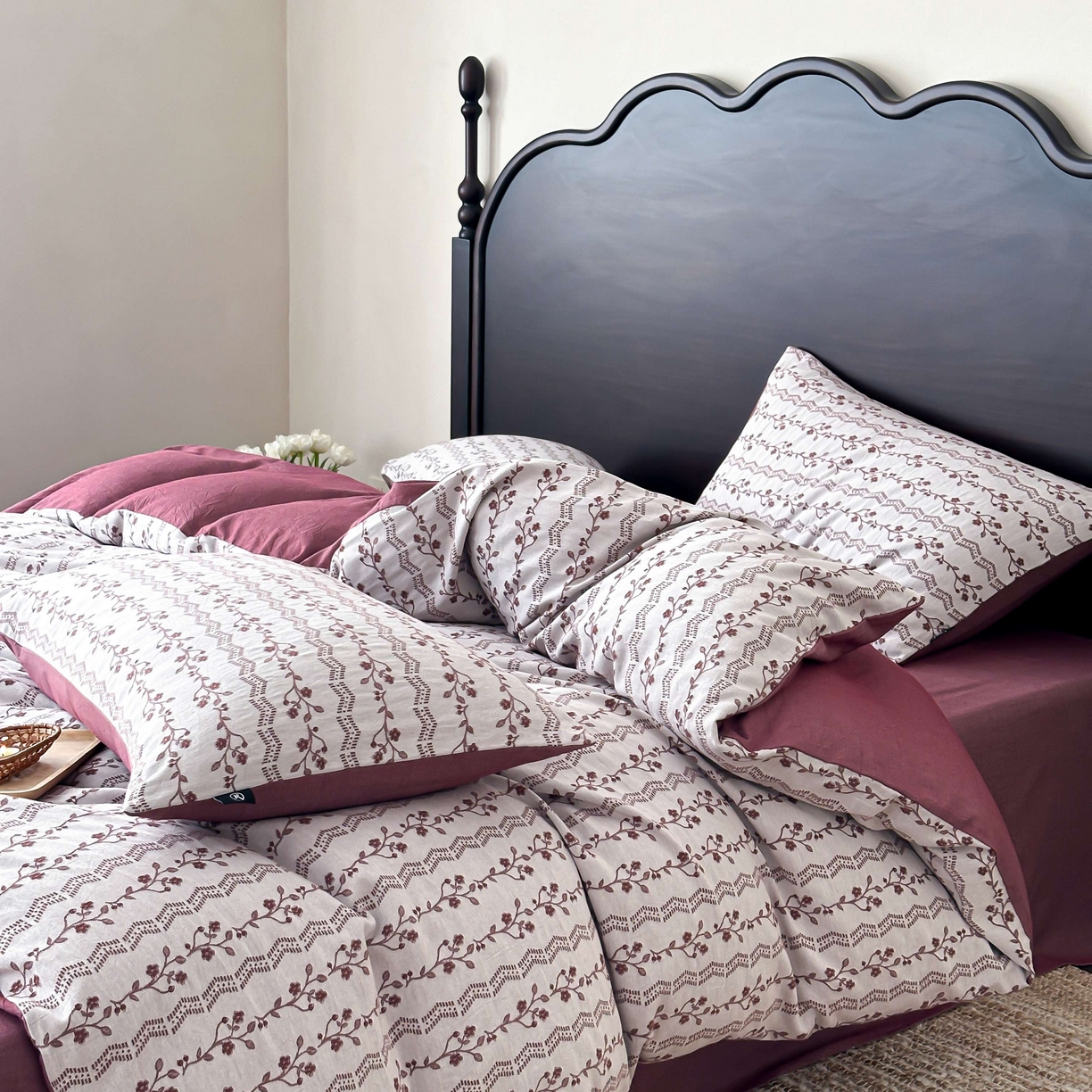 91家纺网 家纺一手货源 找家纺 旷野 2026新款色织全棉纯棉厚织大提花四件套-木槿系列 木槿-拉菲红