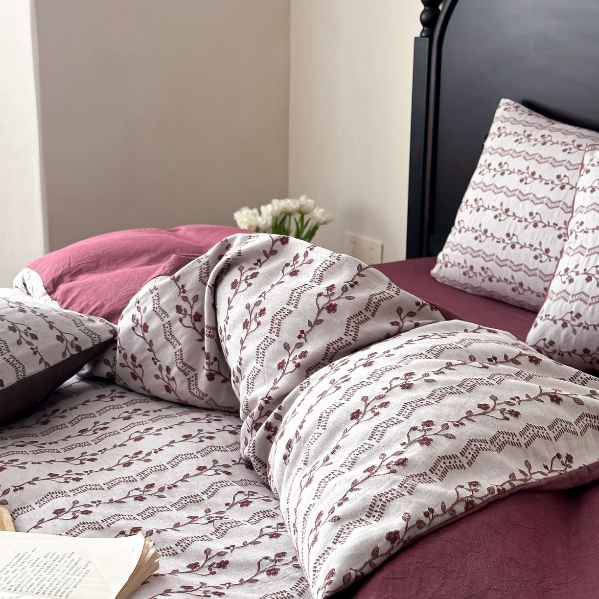 91家纺网 家纺一手货源 找家纺 旷野 2026新款色织全棉纯棉厚织大提花四件套-木槿系列 木槿-拉菲红