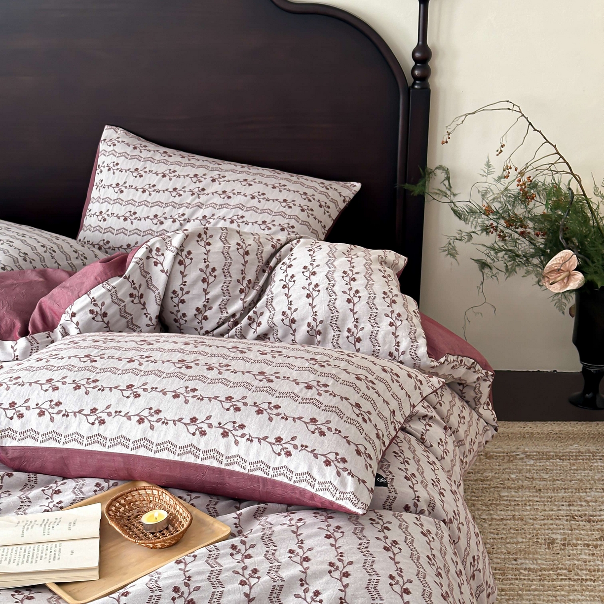 91家纺网 家纺一手货源 找家纺 旷野 2026新款色织全棉纯棉厚织大提花四件套-木槿系列 木槿-拉菲红