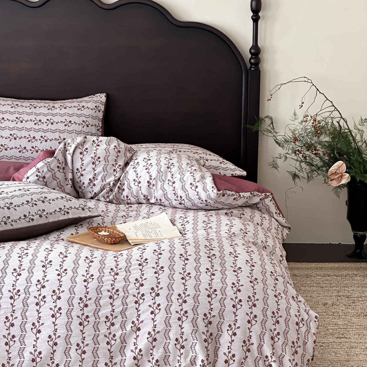 91家纺网 家纺一手货源 找家纺 旷野 2026新款色织全棉纯棉厚织大提花四件套-木槿系列 木槿-拉菲红