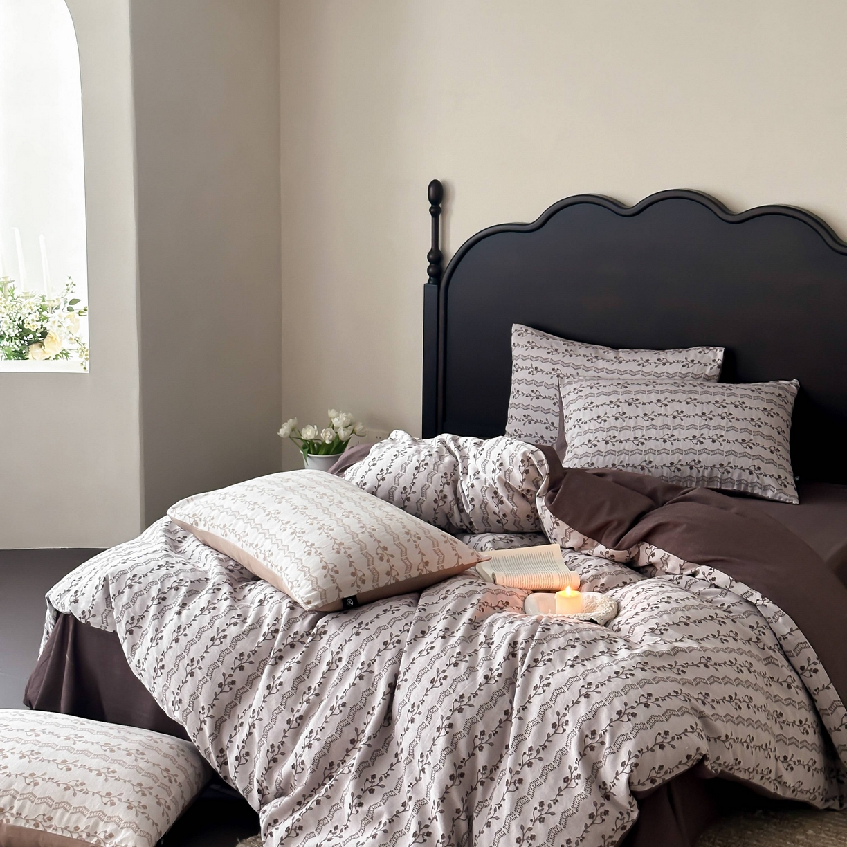 91家纺网 家纺一手货源 找家纺 旷野 2026新款色织全棉纯棉厚织大提花四件套-木槿系列 木槿-咖色