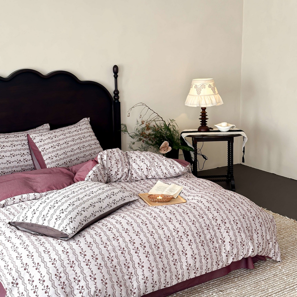 91家纺网 家纺一手货源 找家纺 旷野 2026新款色织全棉纯棉厚织大提花四件套-木槿系列 木槿-拉菲红