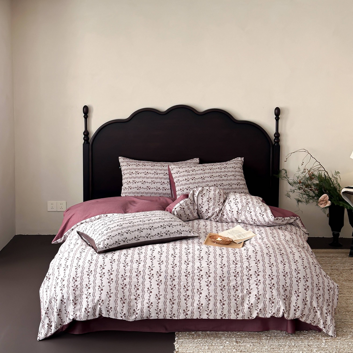 91家纺网 家纺一手货源 找家纺 旷野 2026新款色织全棉纯棉厚织大提花四件套-木槿系列 木槿-拉菲红