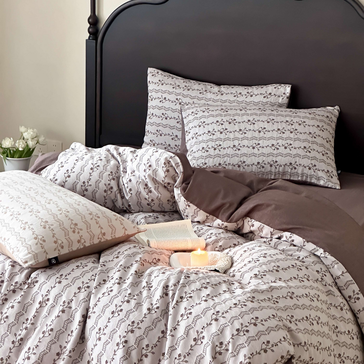 91家纺网 家纺一手货源 找家纺 旷野 2026新款色织全棉纯棉厚织大提花四件套-木槿系列 木槿-咖色