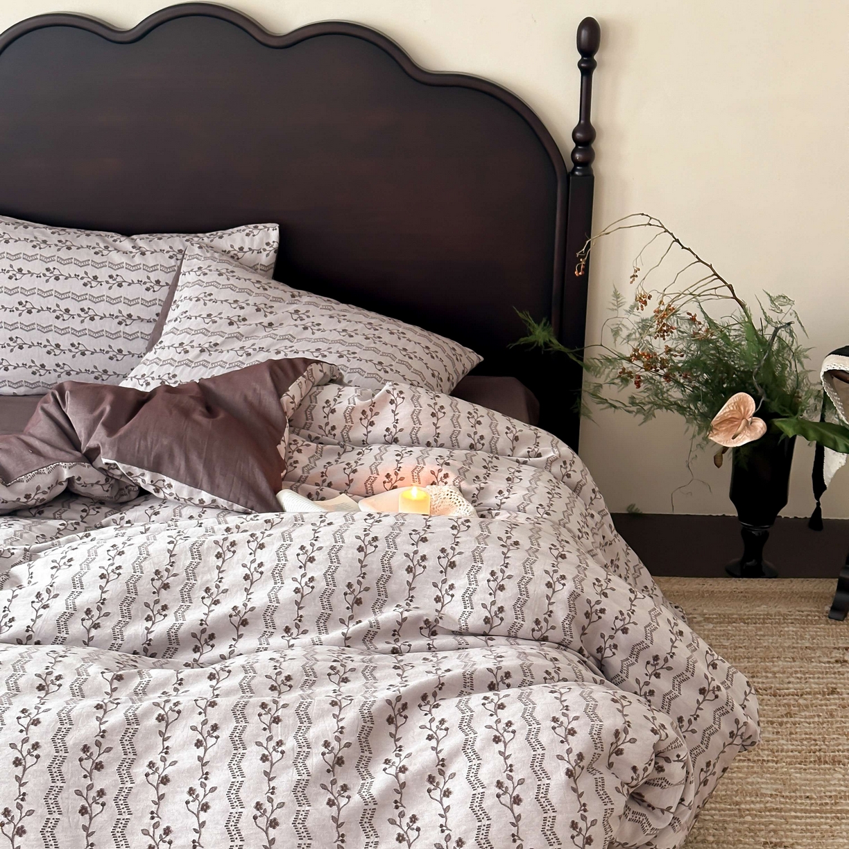 91家纺网 家纺一手货源 找家纺 旷野 2026新款色织全棉纯棉厚织大提花四件套-木槿系列 木槿-咖色