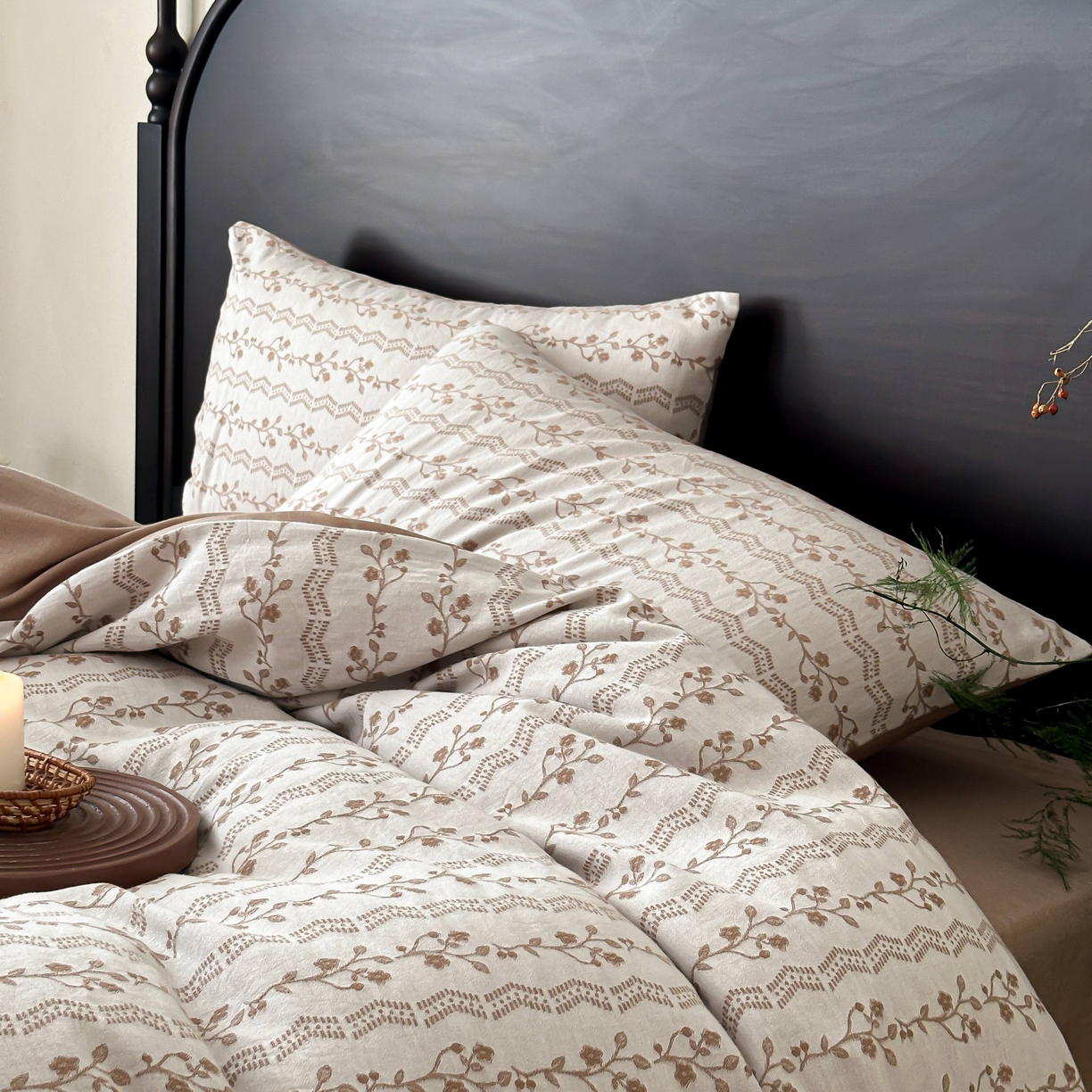 91家纺网 家纺一手货源 找家纺 旷野 2026新款色织全棉纯棉厚织大提花四件套-木槿系列 木槿-卡其