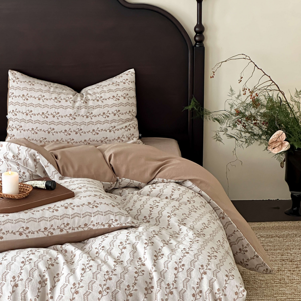 91家纺网 家纺一手货源 找家纺 旷野 2026新款色织全棉纯棉厚织大提花四件套-木槿系列 木槿-卡其