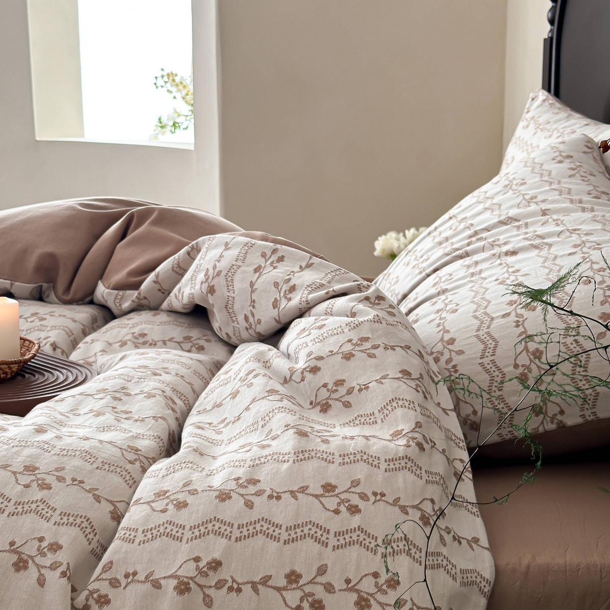 91家纺网 家纺一手货源 找家纺 旷野 2026新款色织全棉纯棉厚织大提花四件套-木槿系列 木槿-卡其