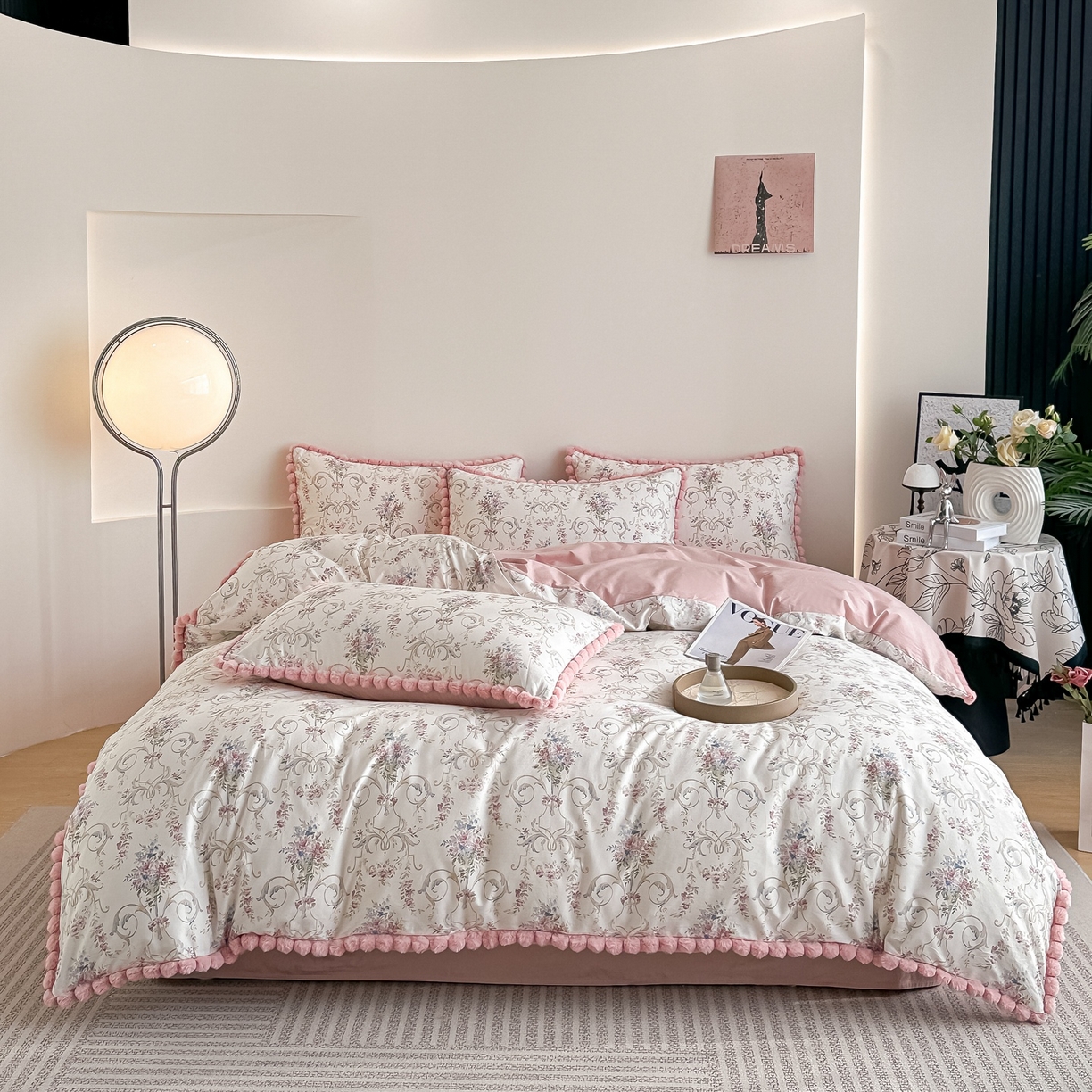 91家纺网 家纺一手货源 找家纺 宅家居 2026新款轻奢极简风全棉毛球款40支纯棉13372小清新喷气印花四件套 红柚香