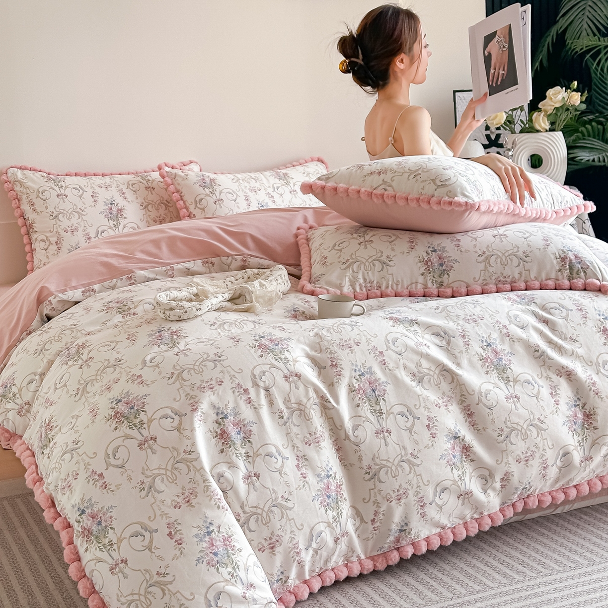 91家纺网 家纺一手货源 找家纺 宅家居 2026新款轻奢极简风全棉毛球款40支纯棉13372小清新喷气印花四件套 红柚香