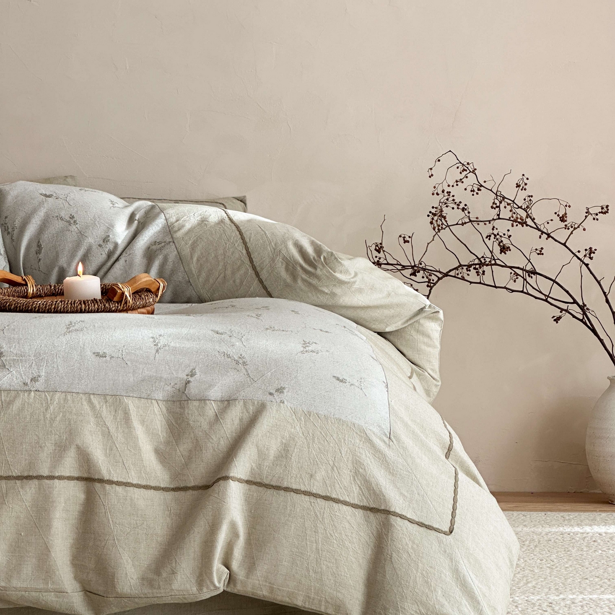 91家纺网 家纺一手货源 找家纺 旷野 2026新款软糯亲肤简约提花四件套-木禾浅序系列 木禾浅序-青茉