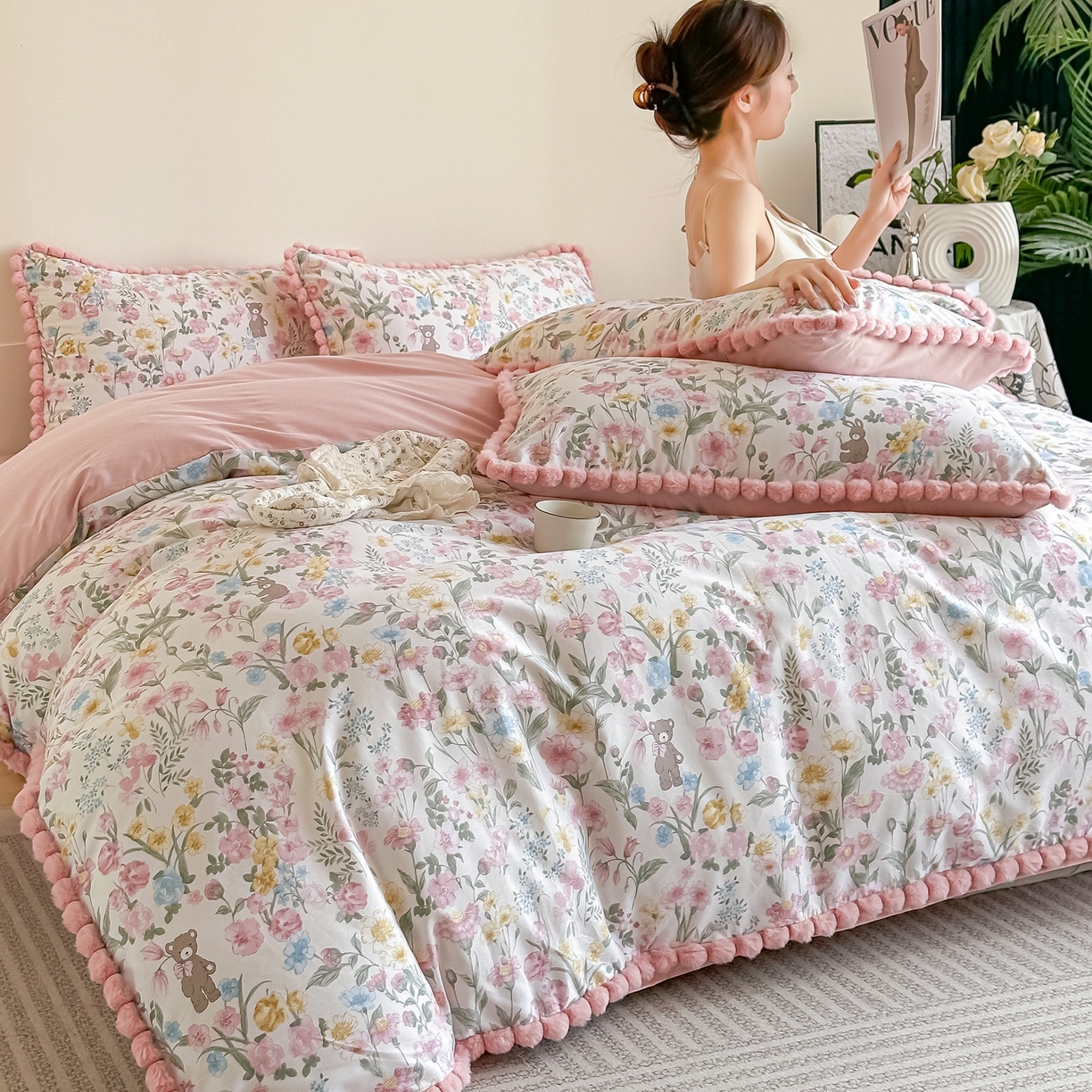 91家纺网 家纺一手货源 找家纺 宅家居 2026新款轻奢极简风全棉毛球款40支纯棉13372小清新喷气印花四件套 琳朵拉