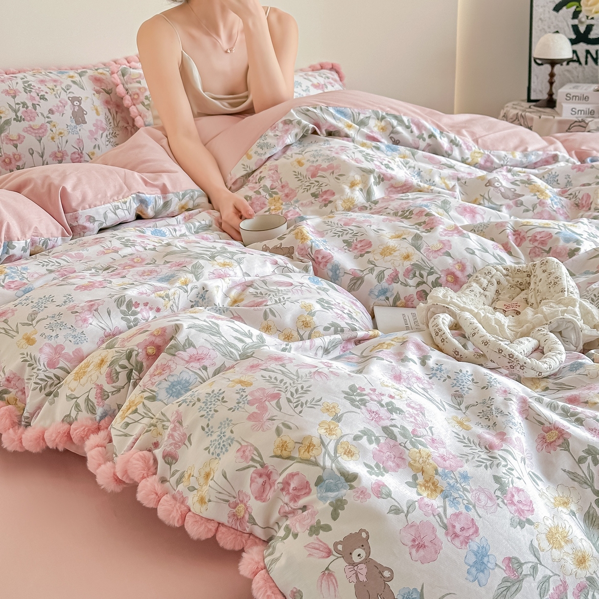 91家纺网 家纺一手货源 找家纺 宅家居 2026新款轻奢极简风全棉毛球款40支纯棉13372小清新喷气印花四件套 琳朵拉