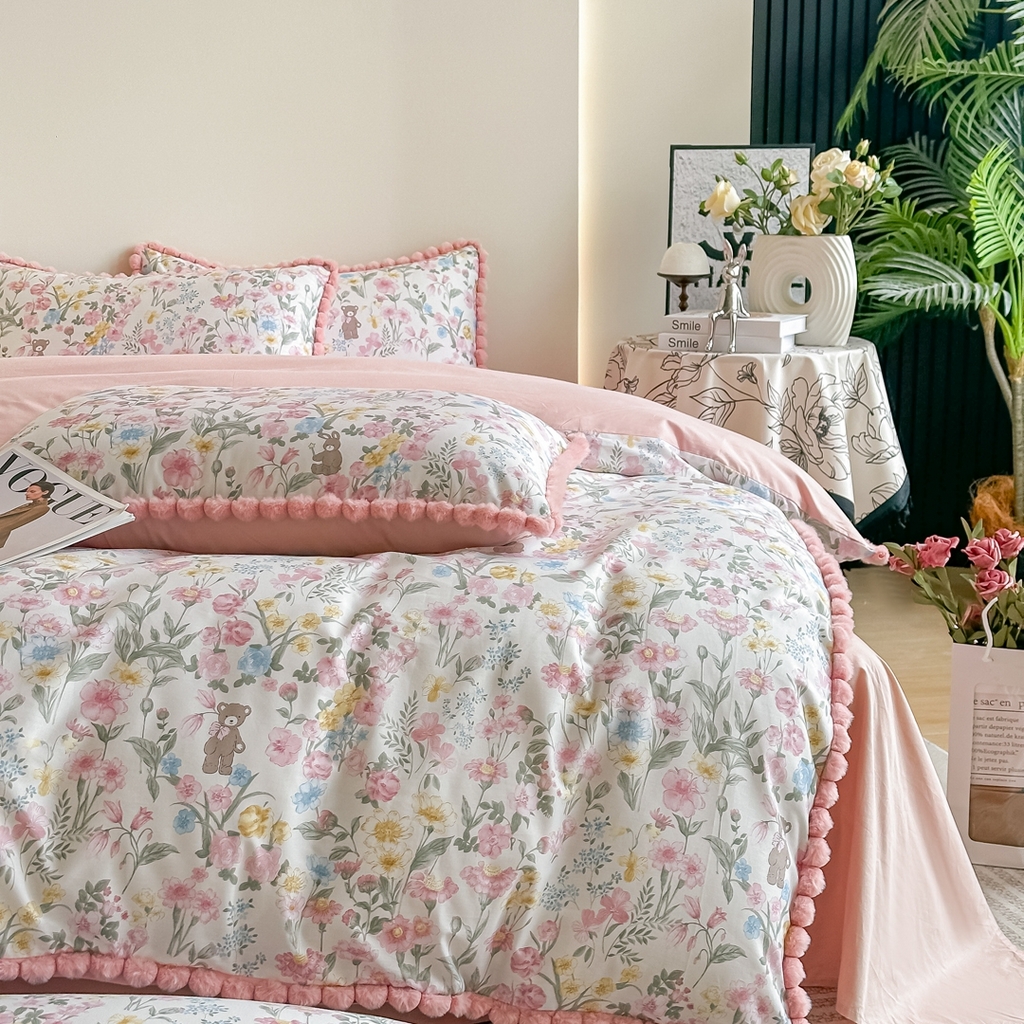 91家纺网 家纺一手货源 找家纺 宅家居 2026新款轻奢极简风全棉毛球款40支纯棉13372小清新喷气印花四件套 琳朵拉