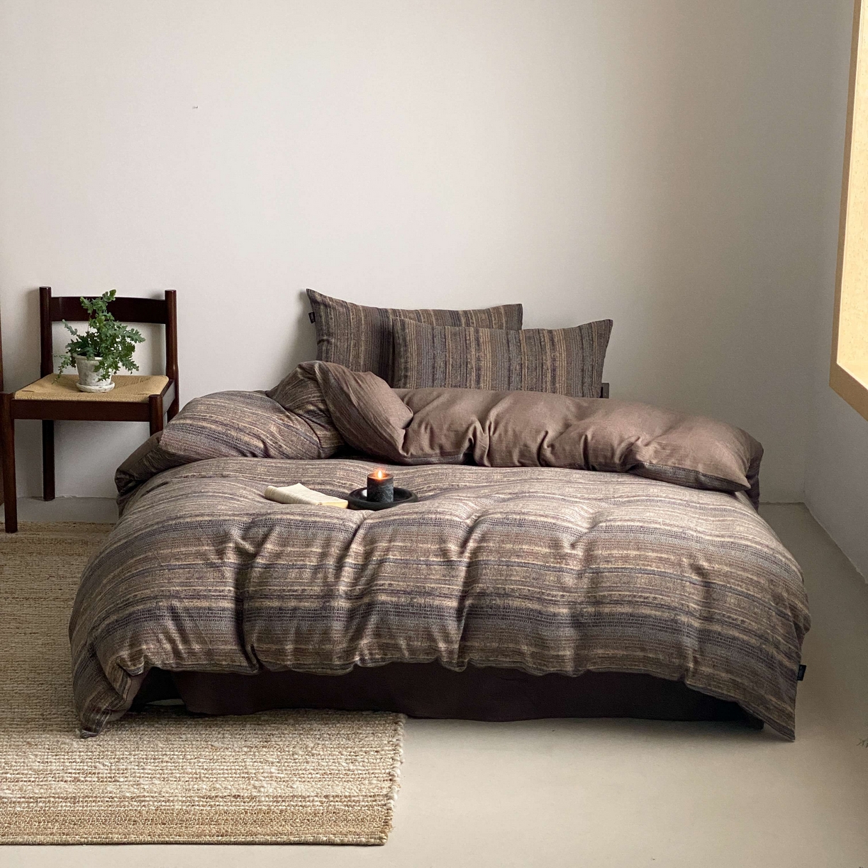 旷野 2026新款复古风全棉纯棉色织提花双层纱四件套 墨染