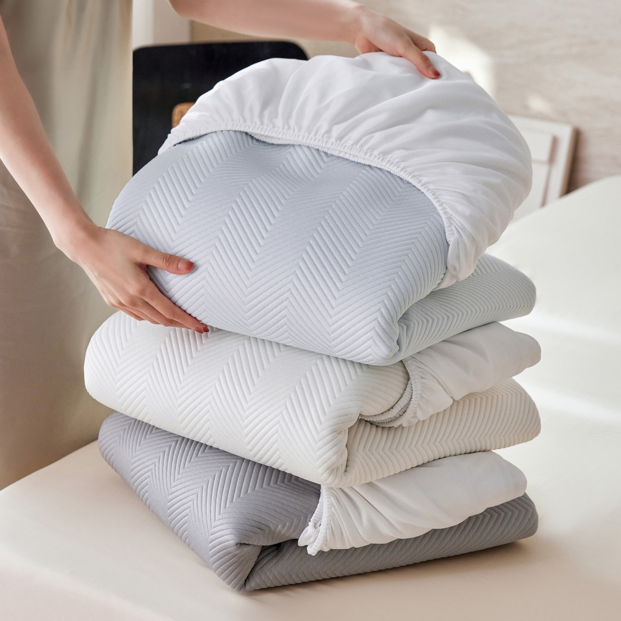 91家纺网 家纺一手货源 找家纺 三味舒屋 2026新款织序系列提花冷感冰豆豆席床笠款软席席子 组合图仅供展示不可下单