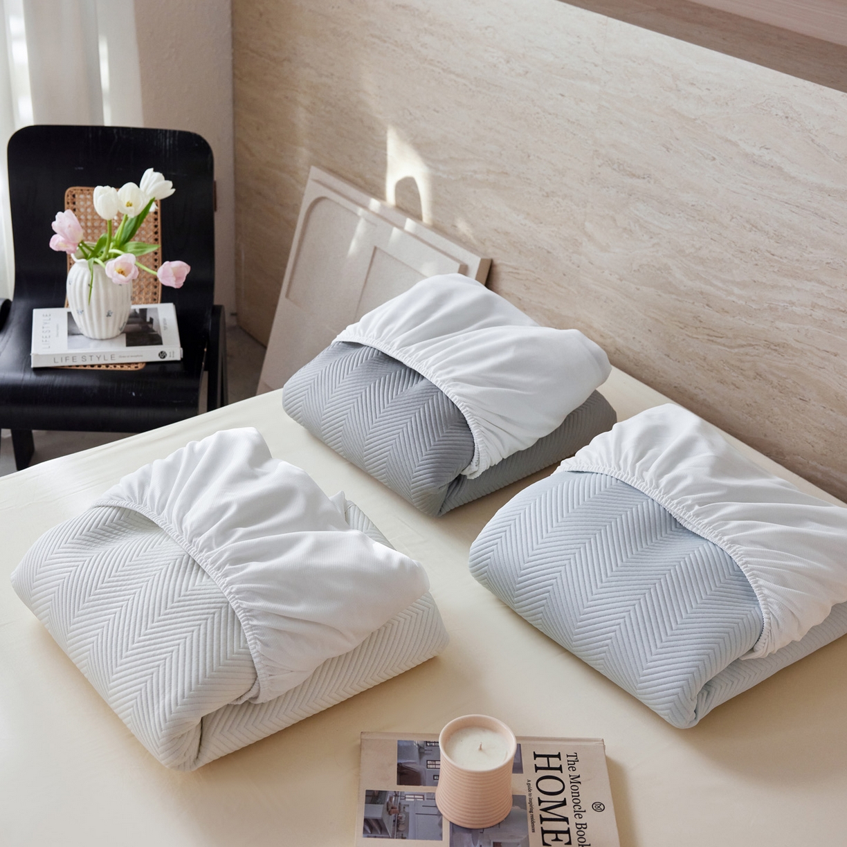 91家纺网 家纺一手货源 找家纺 三味舒屋 2026新款织序系列提花冷感冰豆豆席床笠款软席席子 组合图仅供展示不可下单