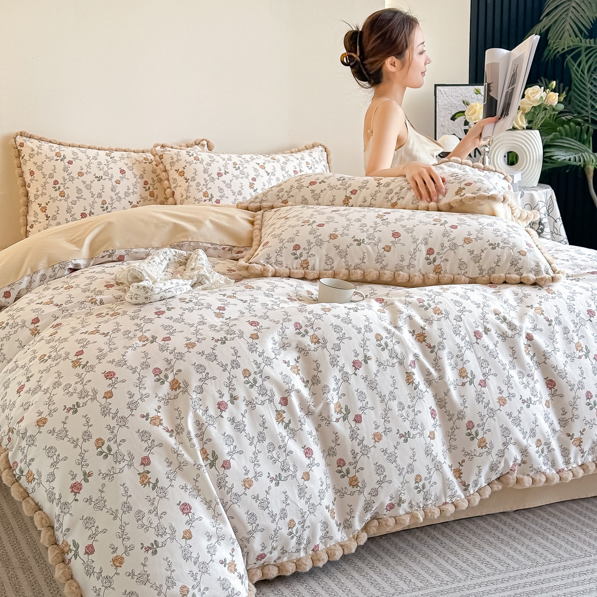 91家纺网 家纺一手货源 找家纺 宅家居 2026新款轻奢极简风全棉毛球款40支纯棉13372小清新喷气印花四件套 素颜玫瑰