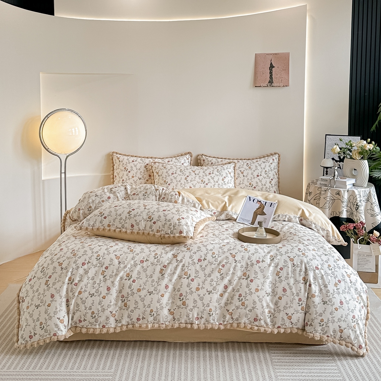 91家纺网 家纺一手货源 找家纺 宅家居 2026新款轻奢极简风全棉毛球款40支纯棉13372小清新喷气印花四件套 素颜玫瑰