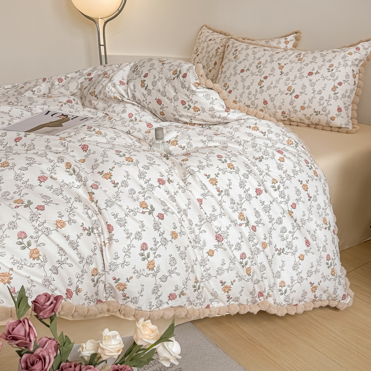 91家纺网 家纺一手货源 找家纺 宅家居 2026新款轻奢极简风全棉毛球款40支纯棉13372小清新喷气印花四件套 素颜玫瑰