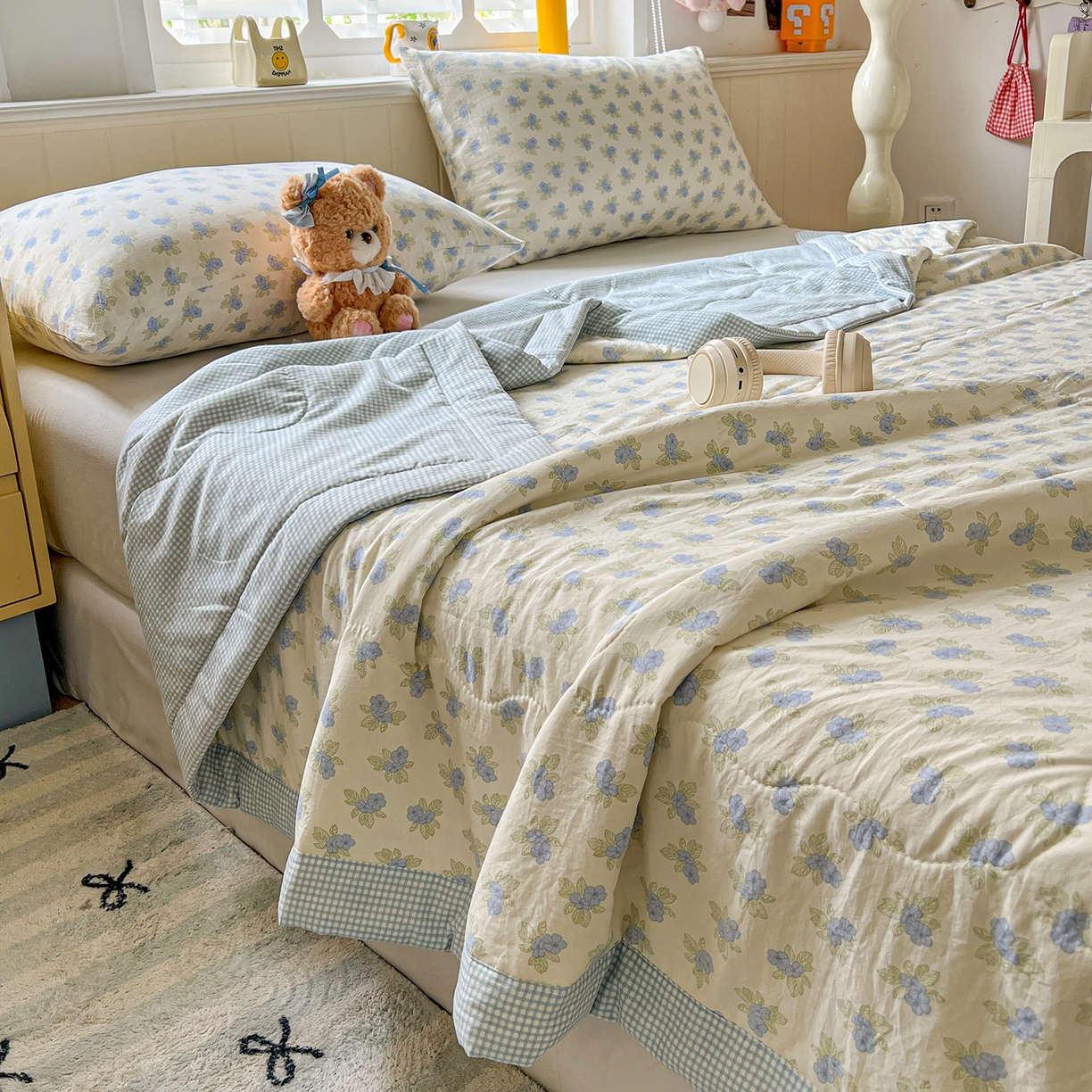 91家纺网 家纺一手货源 找家纺 十里居 2026新款A类水洗棉棉花夏凉被 碎花蓝