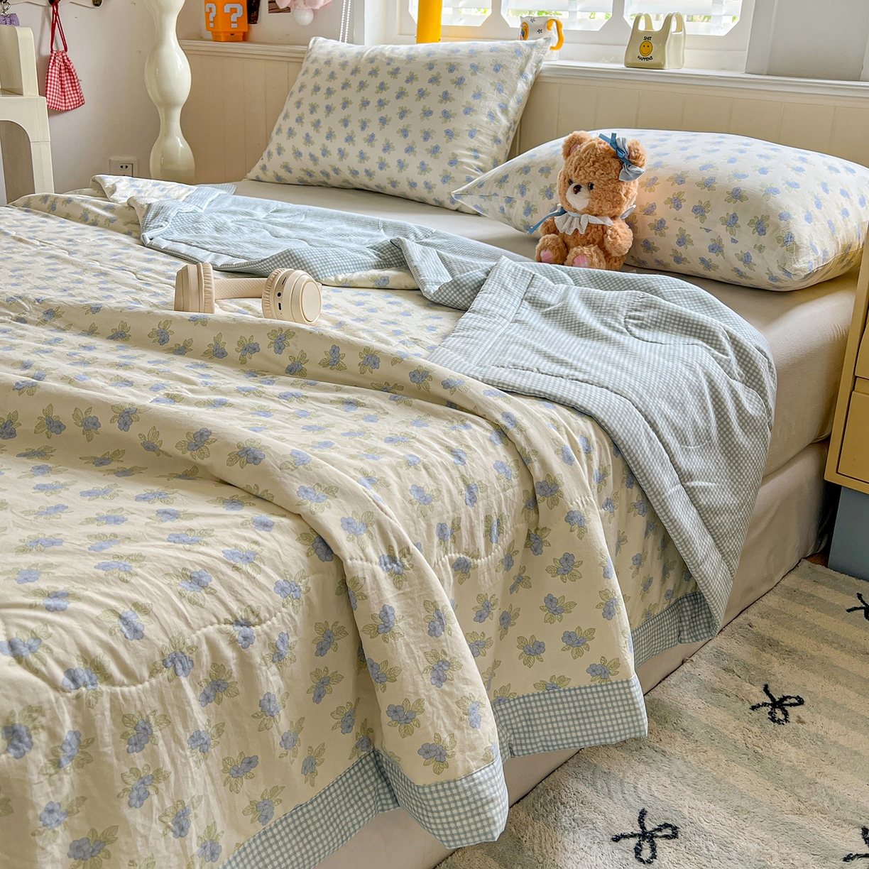 91家纺网 家纺一手货源 找家纺 十里居 2026新款A类水洗棉棉花夏凉被 碎花蓝