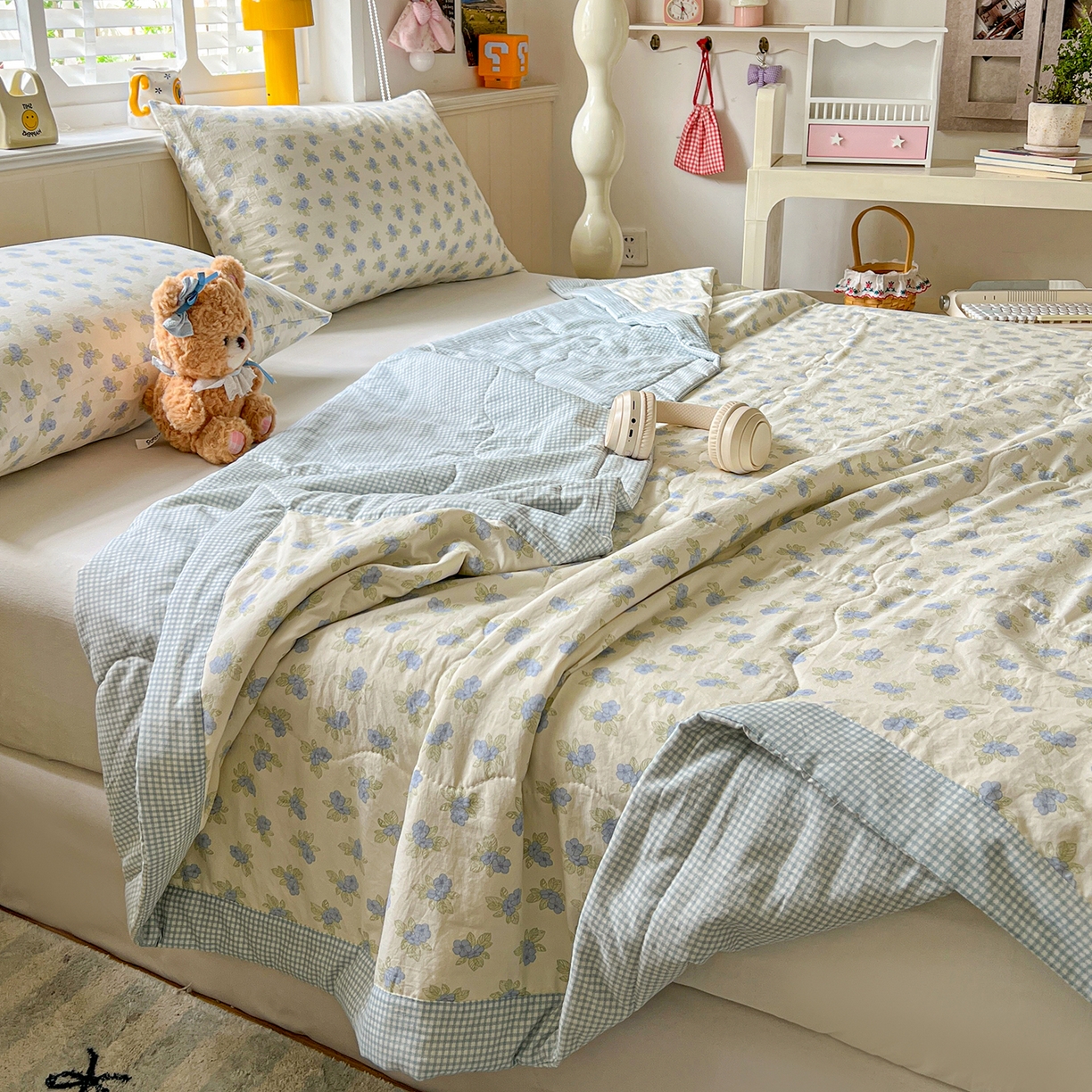 91家纺网 家纺一手货源 找家纺 十里居 2026新款A类水洗棉棉花夏凉被 碎花蓝