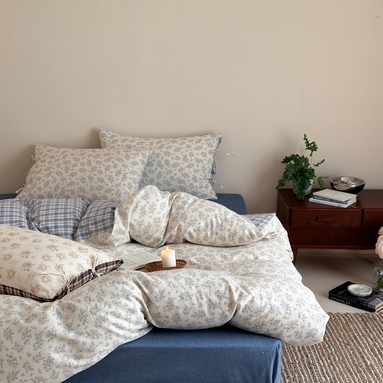 91家纺网 家纺一手货源 找家纺 旷野 2026新款简约精致全棉纯棉水洗棉四件套-松间花信系列 松间花信-海盐蓝