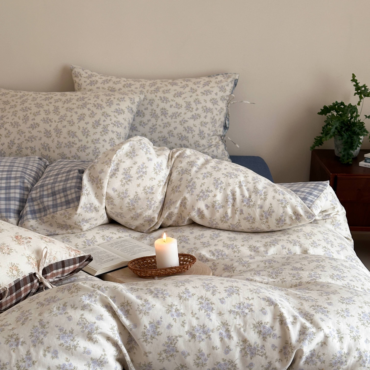 91家纺网 家纺一手货源 找家纺 旷野 2026新款简约精致全棉纯棉水洗棉四件套-松间花信系列 松间花信-海盐蓝