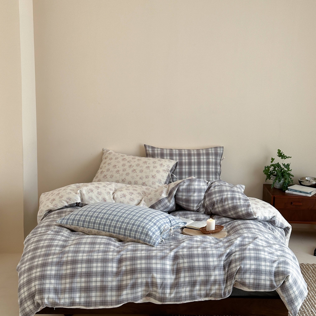 旷野 2026新款简约精致全棉纯棉水洗棉四件套-松间花信系列 松间花信-粉雾灰