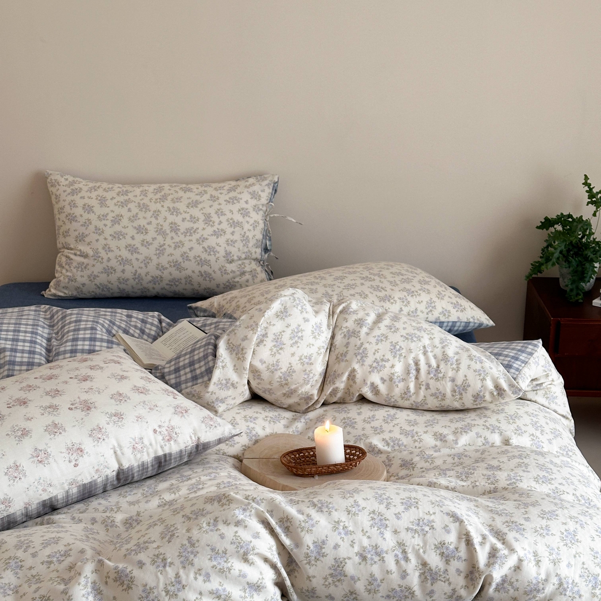 91家纺网 家纺一手货源 找家纺 旷野 2026新款简约精致全棉纯棉水洗棉四件套-松间花信系列 松间花信-海盐蓝