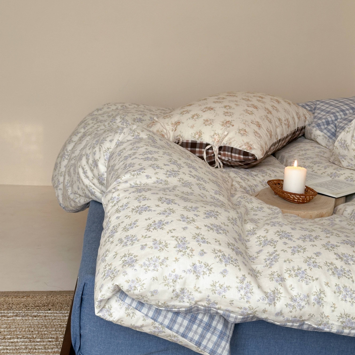 91家纺网 家纺一手货源 找家纺 旷野 2026新款简约精致全棉纯棉水洗棉四件套-松间花信系列 松间花信-海盐蓝