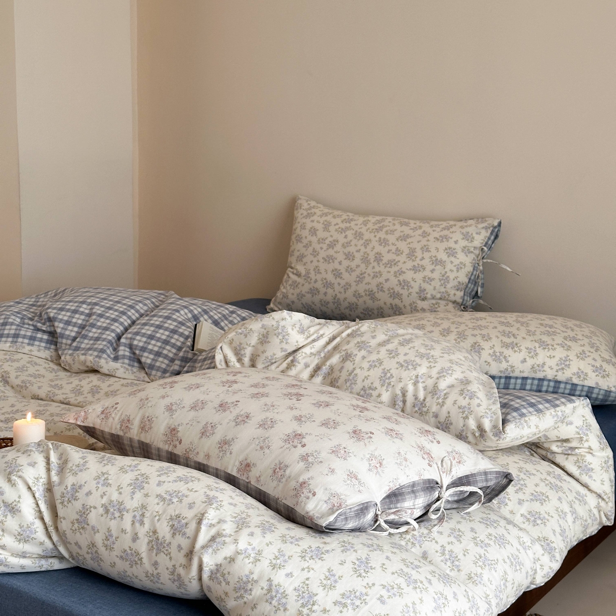 91家纺网 家纺一手货源 找家纺 旷野 2026新款简约精致全棉纯棉水洗棉四件套-松间花信系列 松间花信-海盐蓝