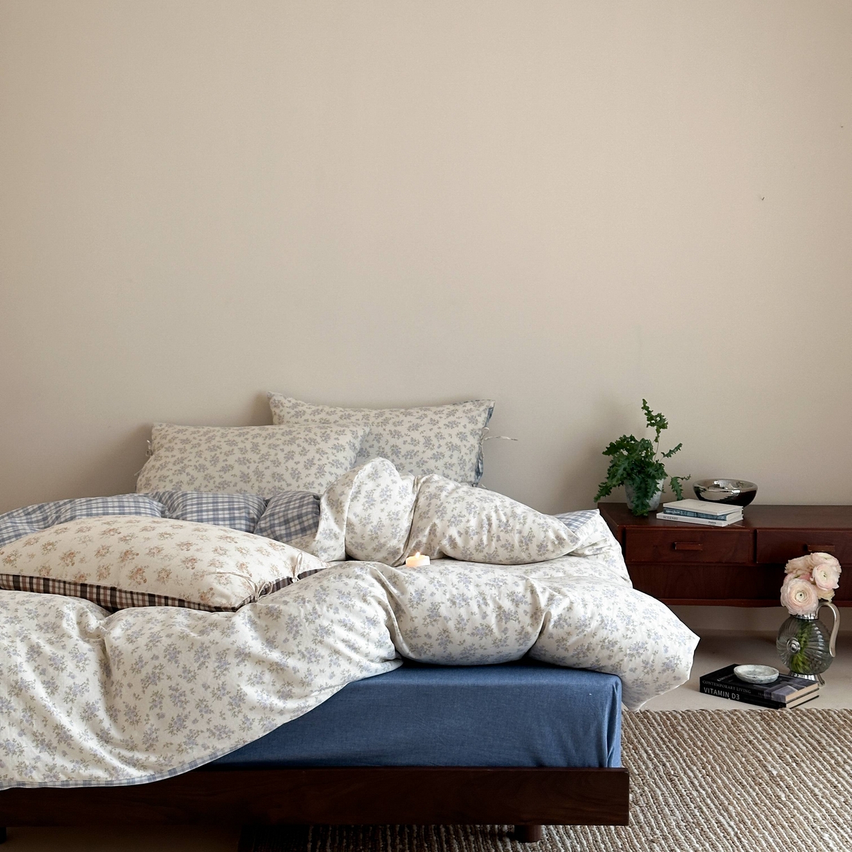 91家纺网 家纺一手货源 找家纺 旷野 2026新款简约精致全棉纯棉水洗棉四件套-松间花信系列 松间花信-海盐蓝