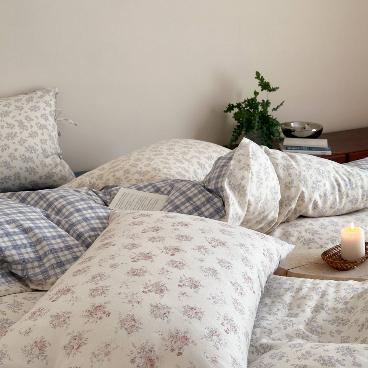 91家纺网 家纺一手货源 找家纺 旷野 2026新款简约精致全棉纯棉水洗棉四件套-松间花信系列 松间花信-海盐蓝