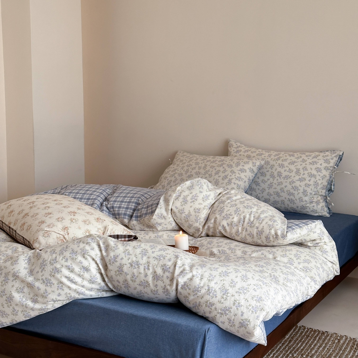 91家纺网 家纺一手货源 找家纺 旷野 2026新款简约精致全棉纯棉水洗棉四件套-松间花信系列 松间花信-海盐蓝