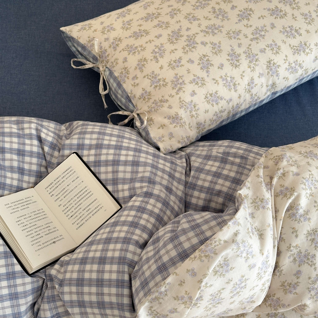 91家纺网 家纺一手货源 找家纺 旷野 2026新款简约精致全棉纯棉水洗棉四件套-松间花信系列 松间花信-海盐蓝