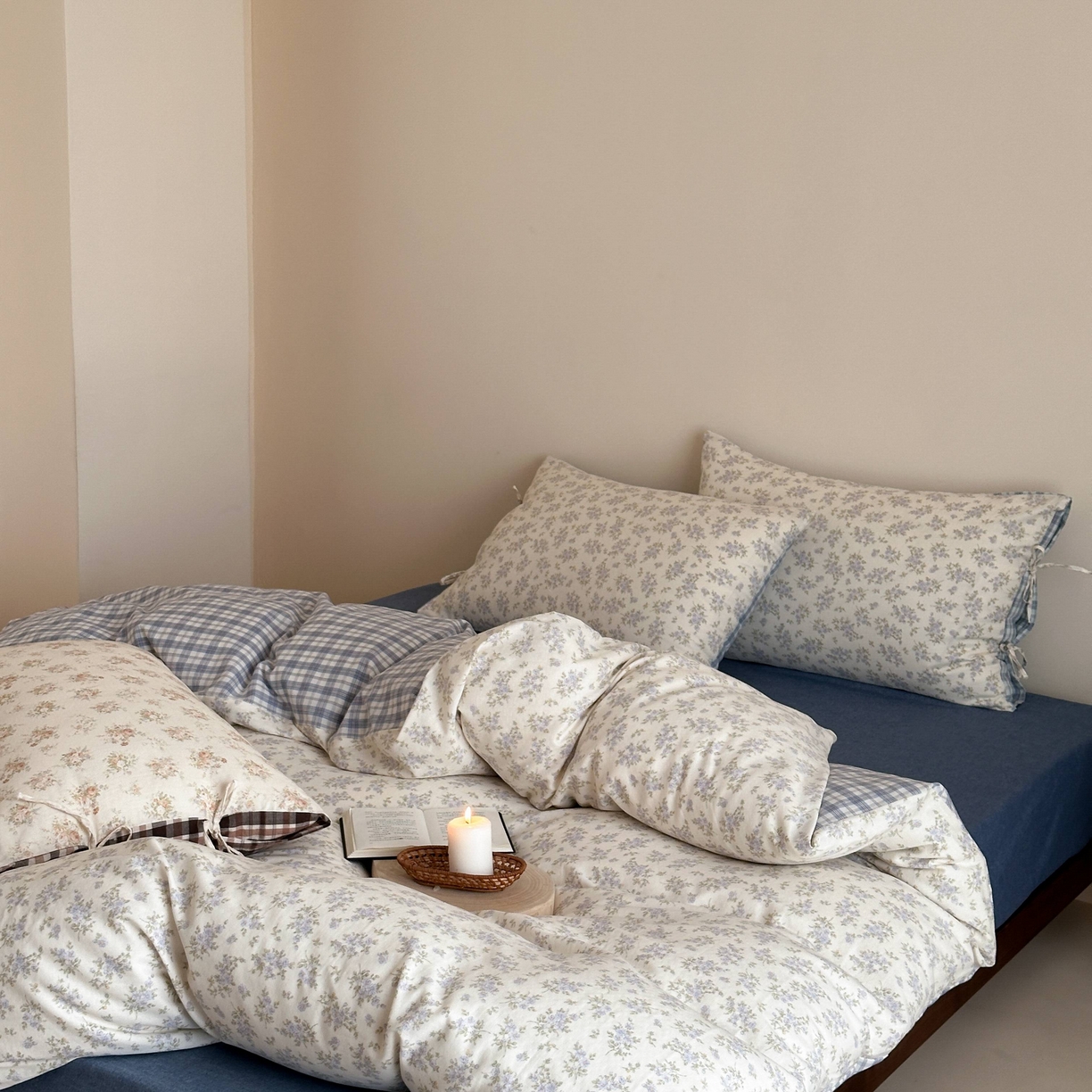 91家纺网 家纺一手货源 找家纺 旷野 2026新款简约精致全棉纯棉水洗棉四件套-松间花信系列 松间花信-海盐蓝