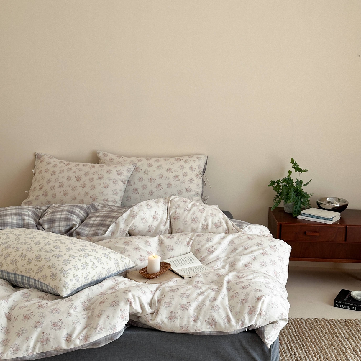 91家纺网 家纺一手货源 找家纺 旷野 2026新款简约精致全棉纯棉水洗棉四件套-松间花信系列 松间花信-粉雾灰