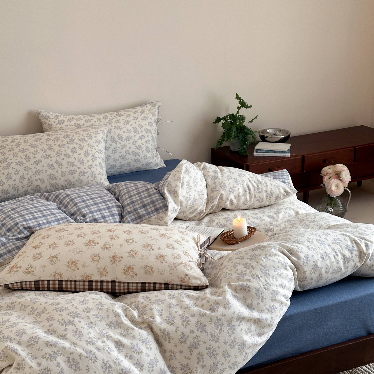 91家纺网 家纺一手货源 找家纺 旷野 2026新款简约精致全棉纯棉水洗棉四件套-松间花信系列 松间花信-海盐蓝