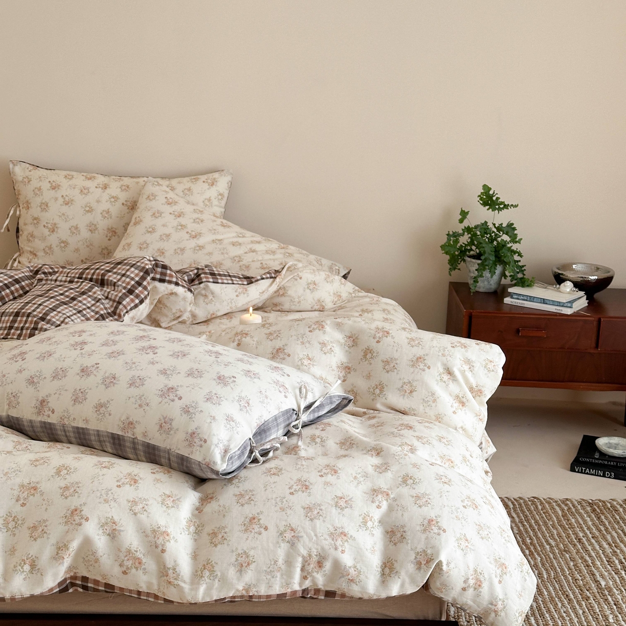 91家纺网 家纺一手货源 找家纺 旷野 2026新款简约精致全棉纯棉水洗棉四件套-松间花信系列 松间花信-奶杏棕