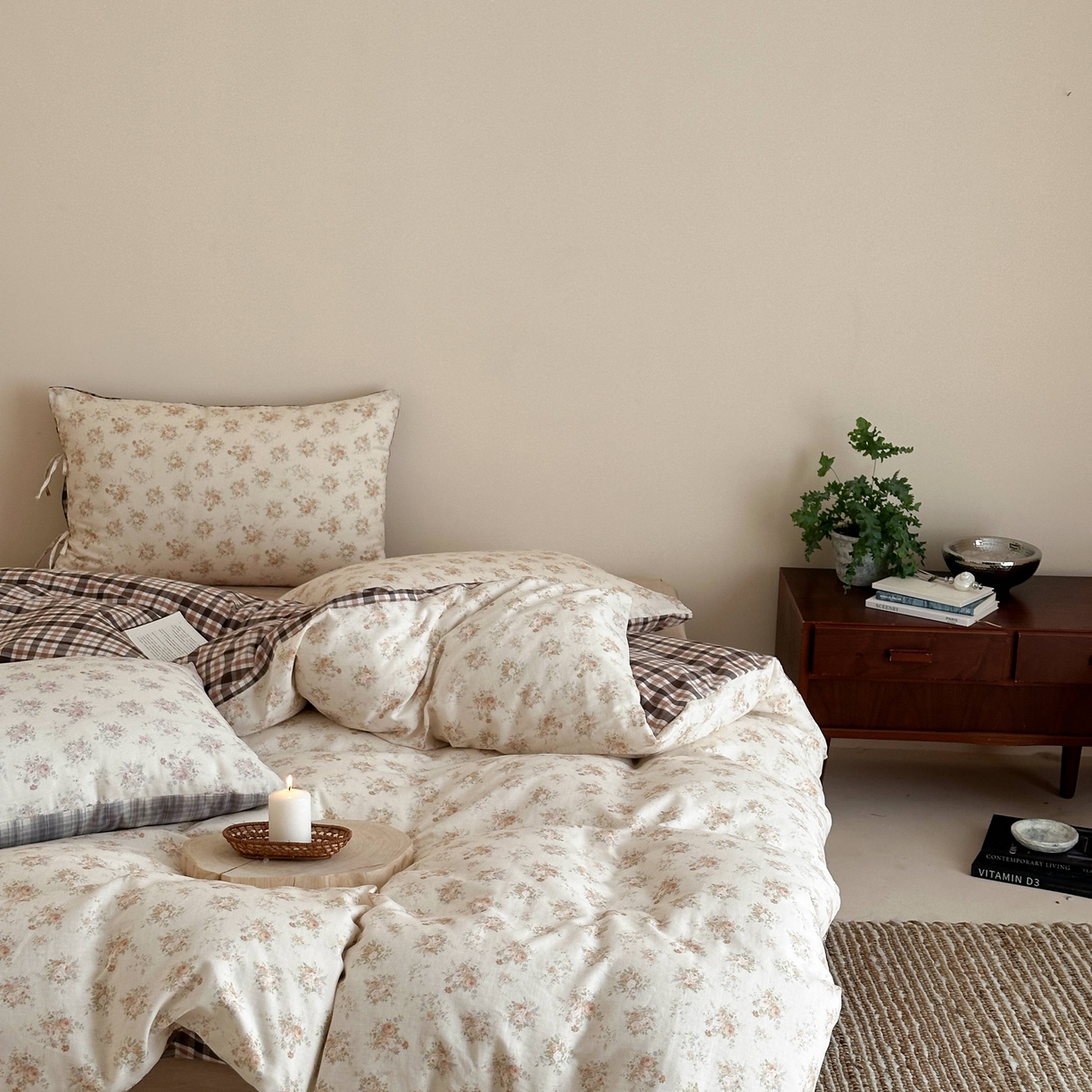 91家纺网 家纺一手货源 找家纺 旷野 2026新款简约精致全棉纯棉水洗棉四件套-松间花信系列 松间花信-奶杏棕